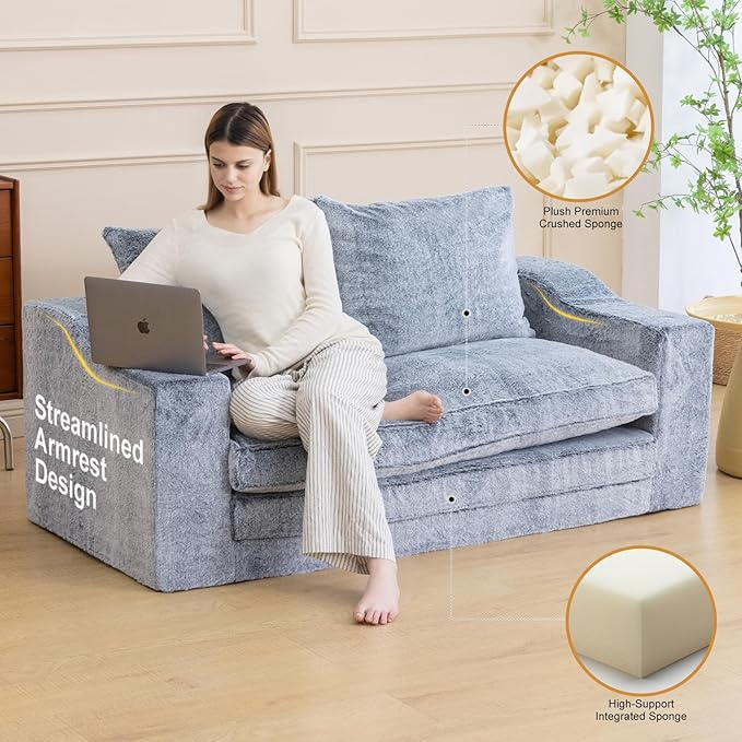 Loveseat Oversized Folding Sofa Bed Convertible Sleeper Chair Bed with Pillows &amp Wide Armrest Comfortable Floor Couch for Living Room &amp Bedroom(Fur Grey) | Foldable