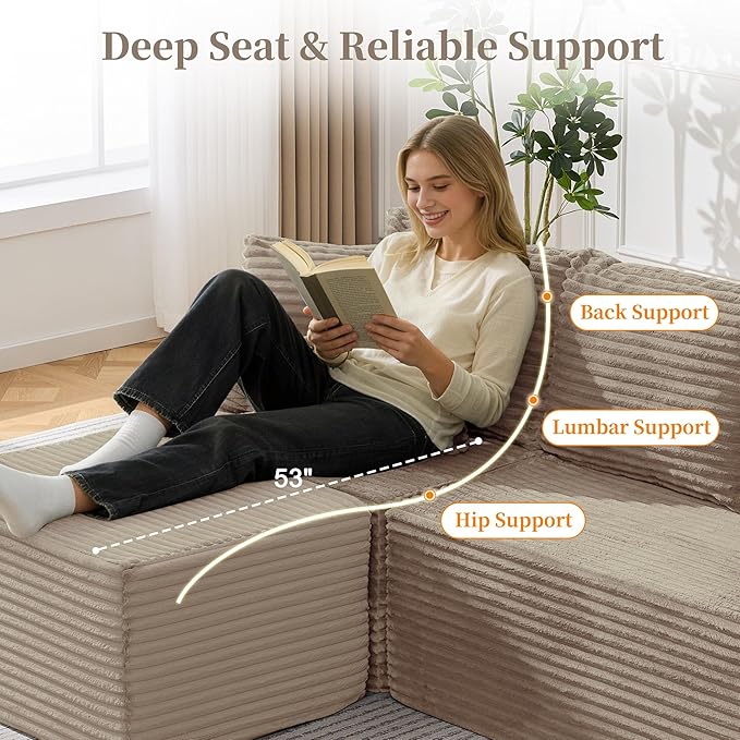 80 Cloud Modular Sectional Sofa with L-Shaped Boneless Couches for Living Room Fluffy Comfy Corduroy Deep Seat with Ottoman Bedroom Apartment No Assembly Required