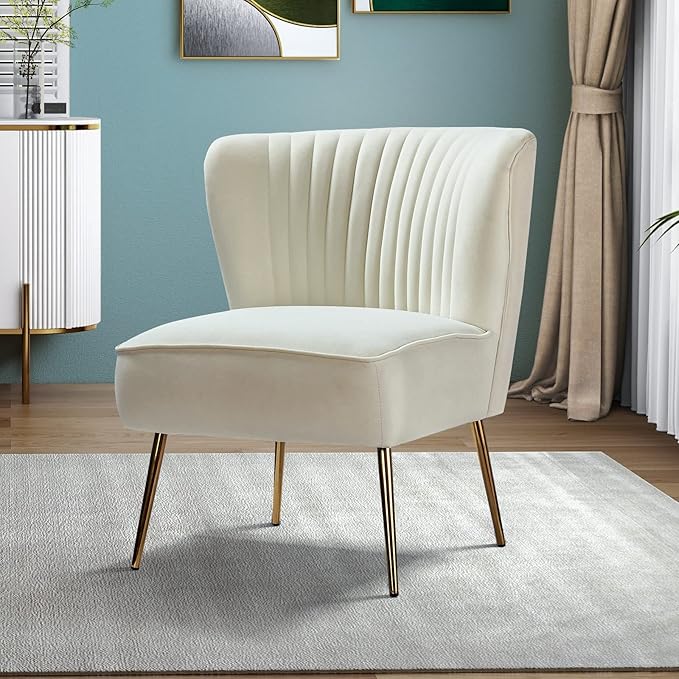 HULALA HOME Velvet Accent Chair Modern Upholstered Cute Side Chair with Gold Metal Legs Armless Wingback Slipper Chair Comfy Living Room Chair for Bedroom Guest Room VanityIvory