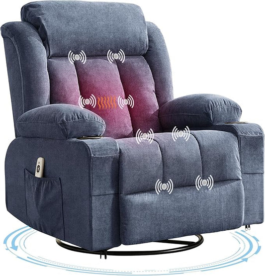 Oversized Swivel Rocker Recliner Chair with Heat &amp Massage 3-Position Adjustable Nursery Recliner for Adults Dual Cup Holders Side Pockets USB Charging Ports Blue