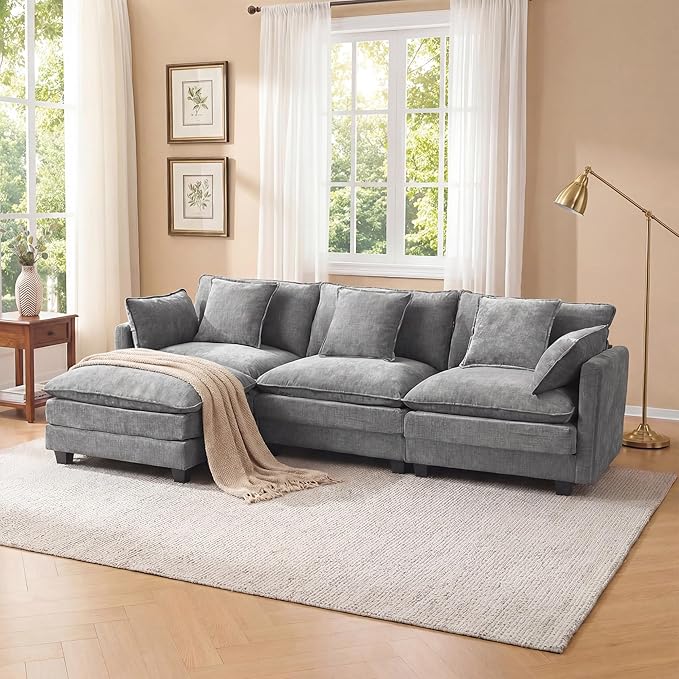 Modern 102 L Shaped Sectional Sofa Cloud Couch Comfy Chenille Modern Modular Sleeper Sofa Upholstery Sofa with Ottoman &amp Memory Foam for Living Room Grey
