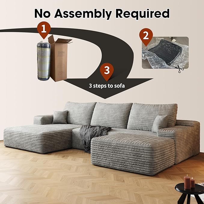108 Sectional Couches for Living Room Modern Modular Sofa with L-Shape Couchs Upholstered Boneless Couch Deep Seat Sectional Couch with Chaise (Grey Left Facing Chaise+2Seaters+1Ottoman)