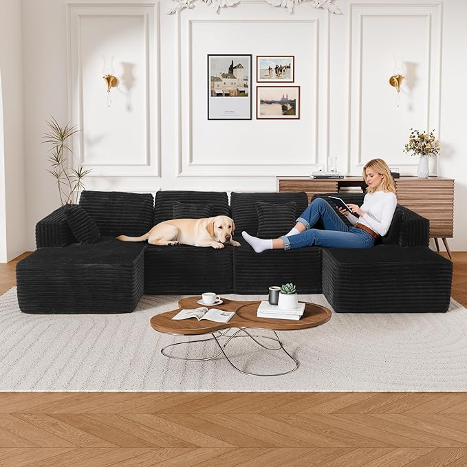 132 U Shaped Boneless Couch Cloud Sectional Modular Sofa with Double Chaise Lounge Flannel Cloud Couch with Pillows &amp Deep Seat Boneless Sofa for Living Room Flannel Black