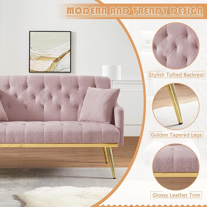 Small Loveseat Sofa 55.5-inch Modern Sofa Couch with with 2 Side Pockets Modern Tufted Sofa with Golden Metal Legs Upholstered Space Saving Love Seat for Living Room Bedroom Office Pink Teddy