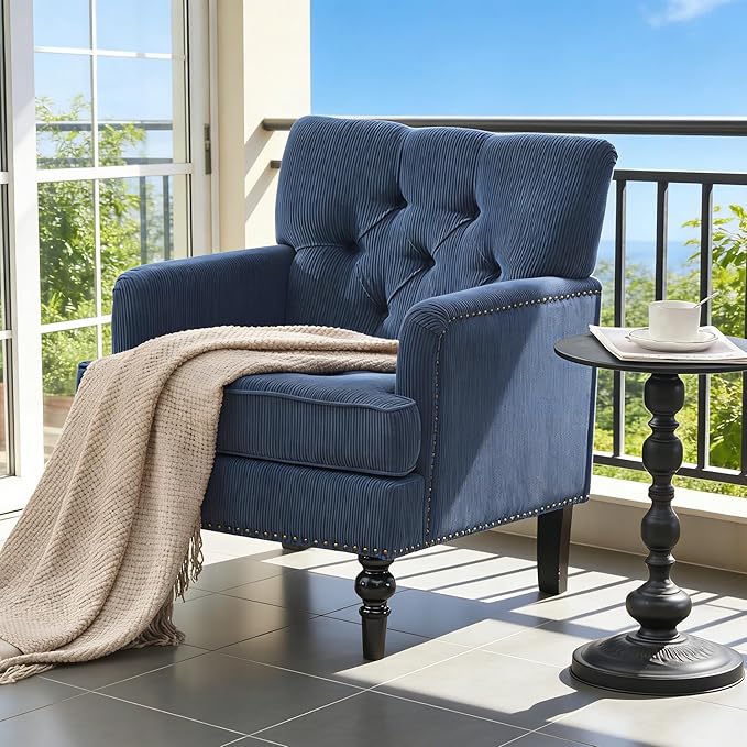 Accent Chair for Living Room Mid-Century Armchairs for Small Spaces Chenille Upholstered Comfy Reading Armchair with Studded for Bedroom (Blue)