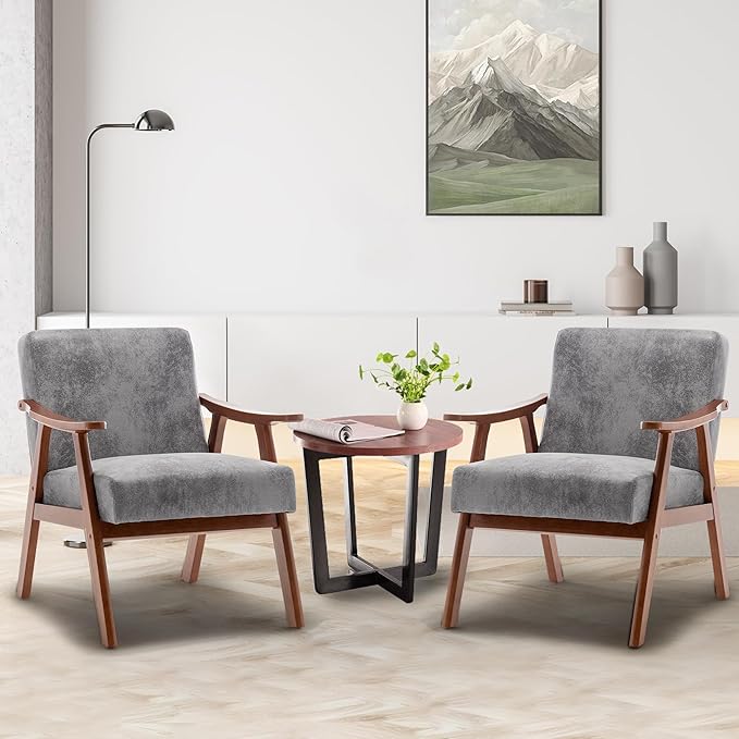 Mid-Century Modern ChairUpholstered Armchair Living Room Chair with Solid Wood Frame Comfy Reading Chairs Lounge Side Chair for Living RoomBedroomBelcony. (Grey+Fabric)