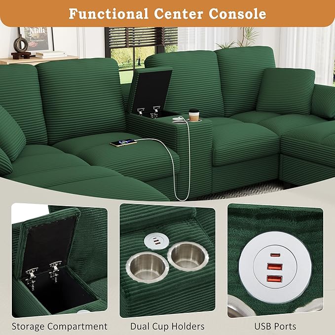 U-Shaped Sectional Cloud Sofa with Storage Console and Cupholders 116-Inch U-Shaped Symmetrical Corduroy Sectional Couch W/2 Ottoman Chaise LoungesUSB-C Ports &amp 2 Pillows