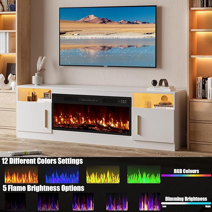 VITESSE Fireplace with TV Stand 36 inch Electric Fireplace Up to 80 TVs LED Light Entertainment Center 70 Modern Wood High Gloss with Highlight Storage Cabinet for Living Room (White)