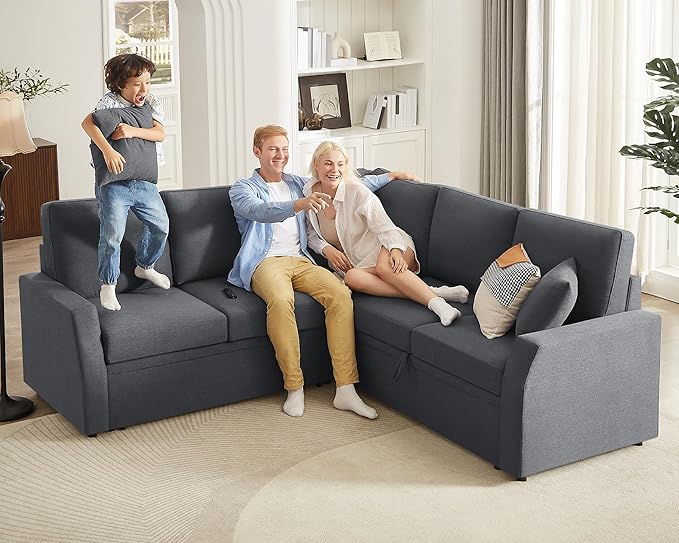 PaPaJet Sleeper Bed 85 Inch Oversized Sofa Bed with Storage Seat L Shaped Sofa Couch with Pull Out Bed Sectional Sofa for Living Room Apartment Linen Grey