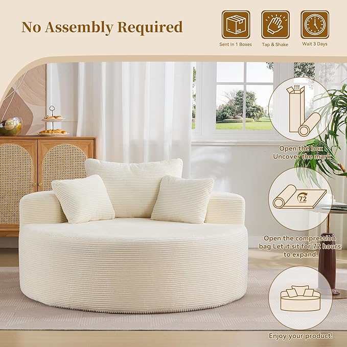 55''Oversized Round Boneless Chaise Lounge ChairCorduroy Modern Floor Sofa Deep Seat Compressed Circle Comfy Barrel Chair No Assembly Sleeper Cloud Sofa Couch Bed for Living Room BedroomBeige