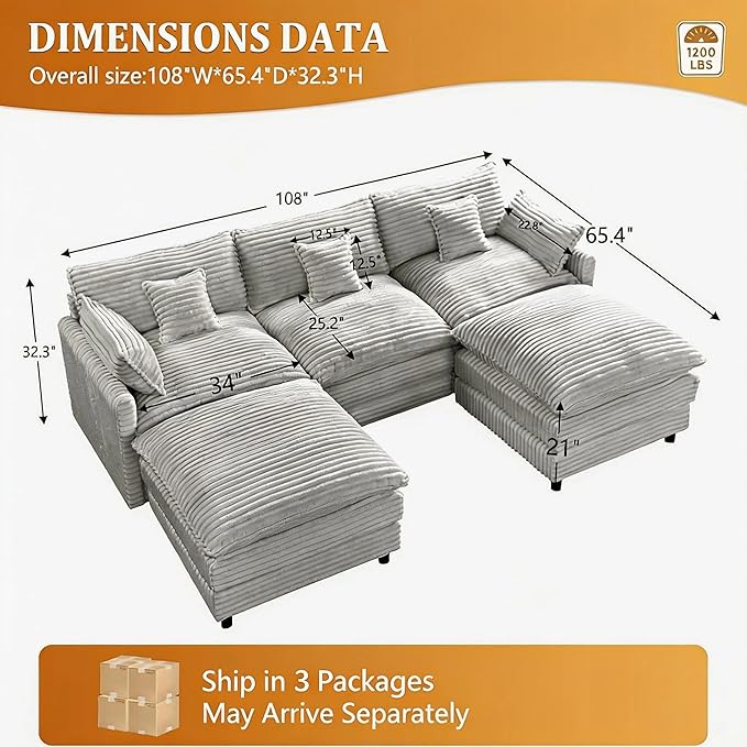 108 Cloud Couch U-Shaped Modular Corduroy Couch with 2 Ottomans &amp 5 Lumbar Pillows Modern Sectional Sofa with 5-Seater Deep SeatComfy Oversized Couch for Living RoomApartmentBedroomGrey