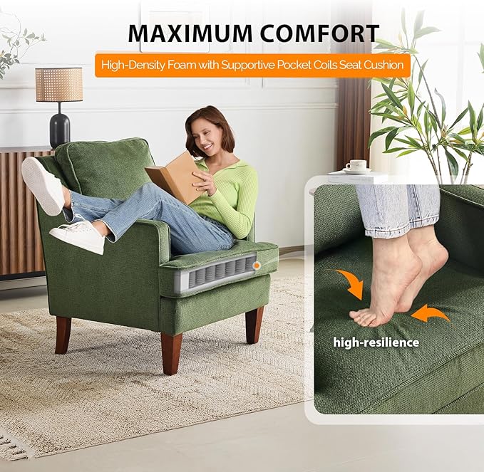 VINGLI Mid-Century Modern Accent Chair Green Upholstered Armchair Comfy Sofa Chair Reading Chair High Back for Living Room Bedroom Furniture Apartment
