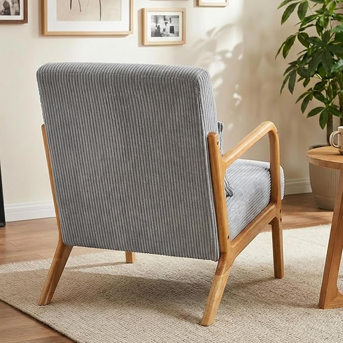 Mid Century Modern Accent Chair Upholstered Corduroy Armchair with Lumbar Pillow Solid Rubberwood Frame for Living Room Bedroom Waiting Room Light Grey