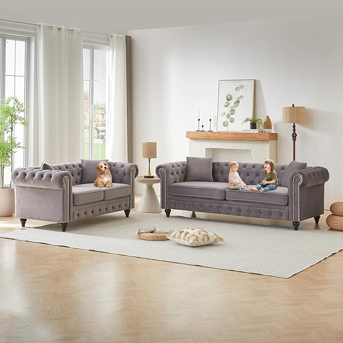 63.5 Velvet Oversize Chesterfield Grey Loveseat Sofa Rolled Arms Modern Sofa with Button Design and 2 Cushions for Living Room (Grey 63.5 Loveseat Sofa)