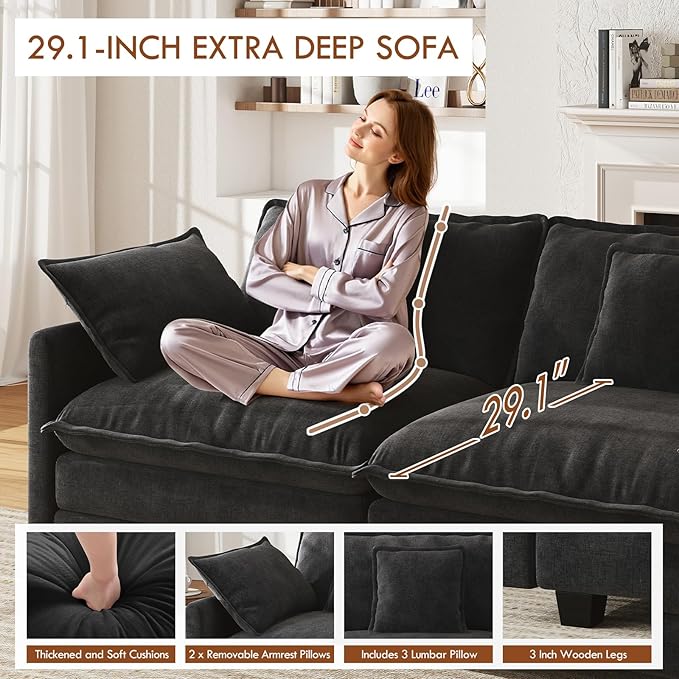 WorthFurni 111.4 Modular Cloud Couch with Ottoman Oversized Deep Seat Sectional Sofa Plush Upholstered 3-Seater Sofa with Pillows for Living Room Bedroom Comfy Modern Modular Couch (Black)