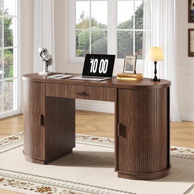 ONBRILL 58 Inch Fluted Executive Desk with Drawers Large Computer Desks with Storage Mid Century Modern Office Desk with Charging Station for Home Office Living Room Bedroom (Walnut)