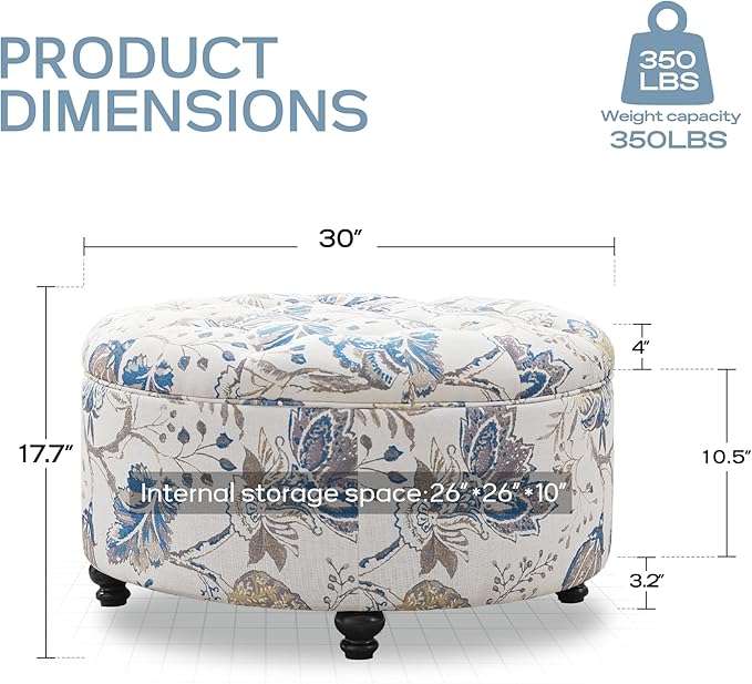 HUIMO 30-Inch Round Storage Ottoman Modern Button Tufted Coffee Table with Removable Top Upholstered Ottoman with Storage Footrest Stool for Living Room Bedroom and Office(Blue Flower)
