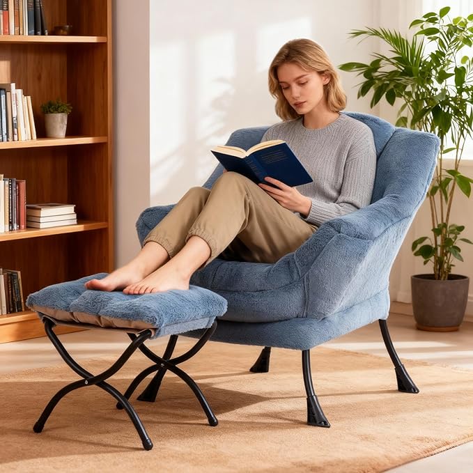 Lazy Chair with Ottoman Modern Accent Chair Contemporary Lounge Leisure Sofa Chair with Armrests Reading Chair and Folding Footstool Set for Living Room Bedroom Office Velvet Black