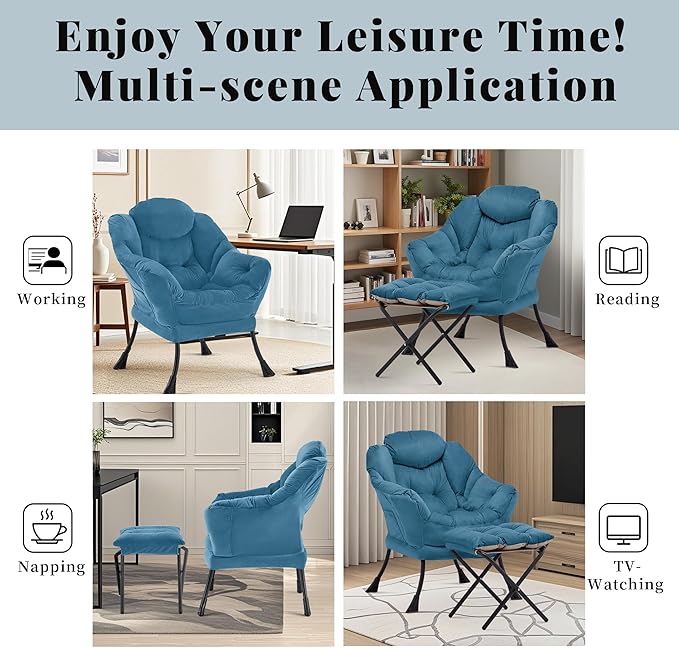 Lazy Chair with Ottoman Comfy Accent Lounge Chair with Side Pocket Modern Reading Armchair with Footrest Upholstered Sofa Chair for Small Spaces Bedroom Living Room Dorm Blue