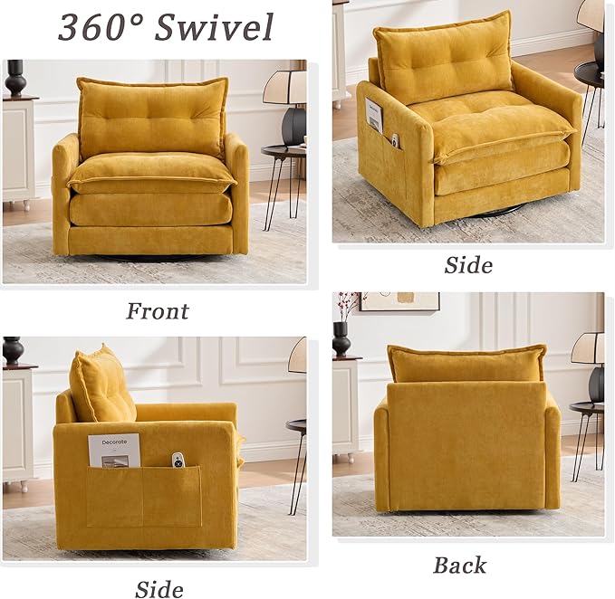 360° Swivel Accent Chair36.22” Swivel ArmchairSquare Accent Barrel Chair with Side Pockets - Upholstered Comfy Single Sofa Chair for Living Room Bedroom Reading Nook (Mustard Yellow)