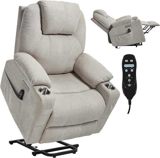 Power Lift Chair with Massage &amp Heat Electric Recliner Chairs for Adults Remote Control Sofa for Living Room Standing Assistance USB Ports Stainless Steel Cup Holders (Chenille Beige)