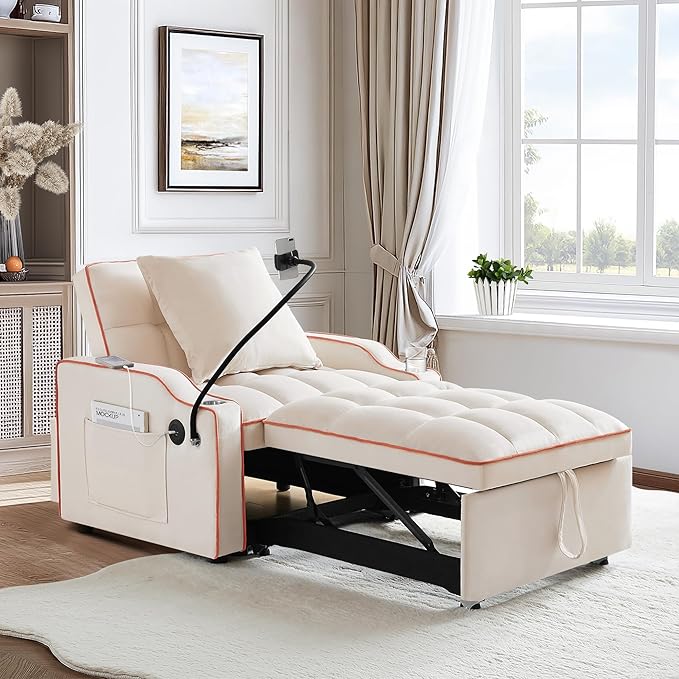 SLEERWAY 3-in-1 Convertible Futon Sofa Bed Chair Multi-Functional Sleeper Chair Bed with Pull Out Couch and Adjustable Backrest Modern Velvet Chaise Lounge Armchair for Living Room Bedroom Beige