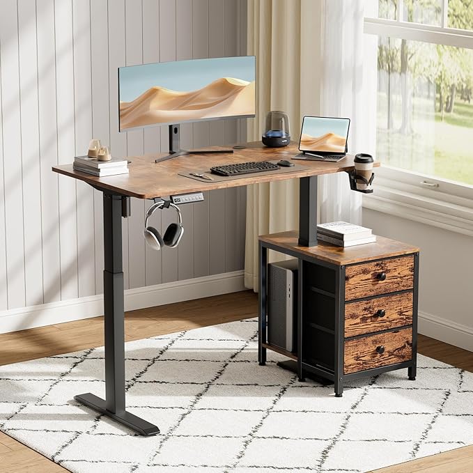 REAHOME Electric Standing Desk with Drawers 47 x 24 Inches Height Adjustable Sit Stand Desk with Storage 3 Memory Preset Home Office Computer Desk Printer Cabinet Cable Management Rustic Brown