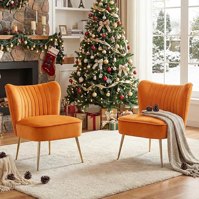 DUOMAY Modern Accent Chair Set of 2 Velvet Slipper Chair with Gold Legs Wingback Side Chair for Living Room Bedroom Entryway Small Corner Chair for Space Saving Orange
