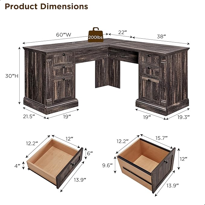 OKD 60 L Shaped Executive Desk with Drawers Farmhouse Home Office Desk with Charging Station File Cabinet Storage Wood Corner Computer Desk for Work and Study Dark Rustic Oak