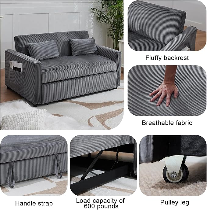 55.51 Sleeper Sofa BedPull Out Couch with Side Pockets3 in 1 Corduroy Fabric Loveseat Sleeper SofaPull Out Sofa Bed with Adjustable Backrest for Living Room Bedroom Apartment（Gray）