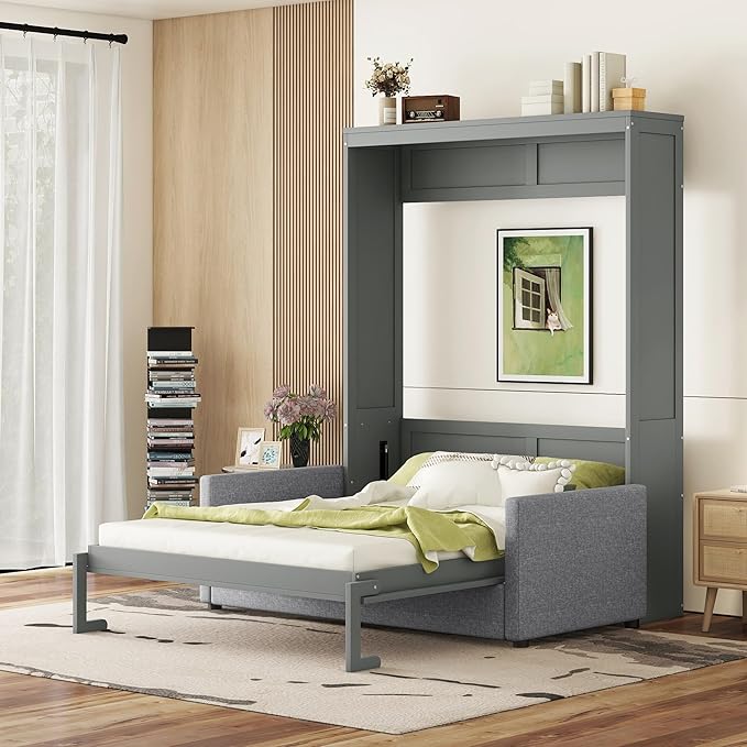 Linique Queen Size Murphy Bed with Sofa and Top Shelf Horizontal Wall Bed Versatile Convertible Wooden Bed Frame Grey 87x66.8