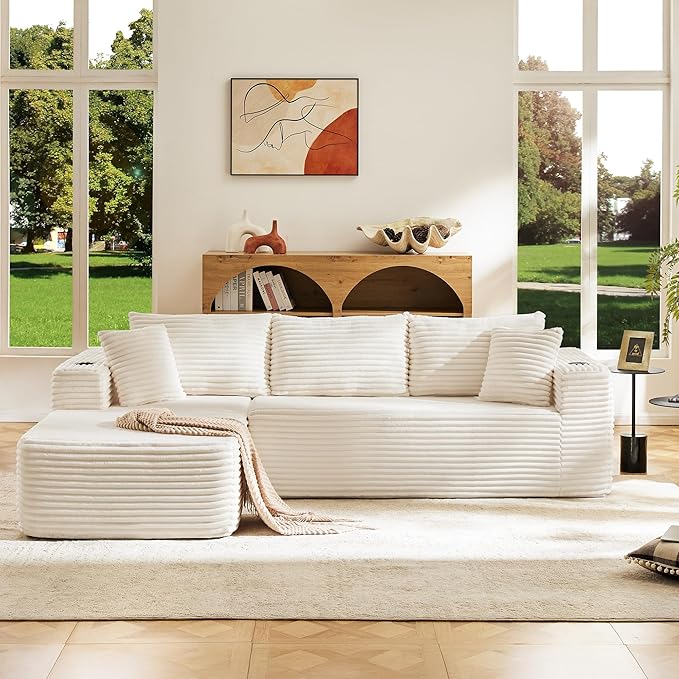 Modular Compressed Sectional Sofa Set – Velvet Corduroy Upholstery Convertible Couch with Cup Holders and Pillows for Living Room Beige
