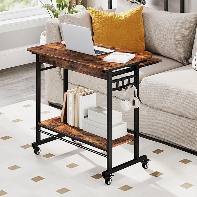 LDAILY Small Computer Desk Portable Desk on Wheels with Spacious Tabletop Keyboard Tray Open PC Stand 3 Earphone Hooks Wooden Rolling Computer Cart Mobile Laptop Desk for Office Home