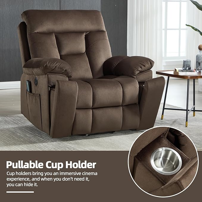 CANMOV Large Power Lift Recliner Chair with Massage and Heat for Elderly Big and Tall People Overstuffed Wide Recliners with 2 Cup Holders Side Pocket and USB Port Dark Brown