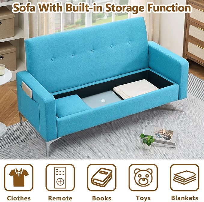57 Green Loveseat Sofa with Storage Modern Love Seat Couches with Comfy Pillow &amp Side Pocket/Metal Legs Cozy Small Sofas for Small Spaces Living Room Bedroom Office Dorm (Blue) (Blue)