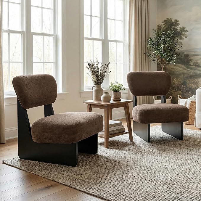 Christopher Knight Home Mores Low Profile Accent Chair Set of 2 Modern Living Room Armless Lounge Chair Fabric Comfy Reading Chair for Bedroom Wooden Frame and Thick Padded Seat Black+Dark Brown
