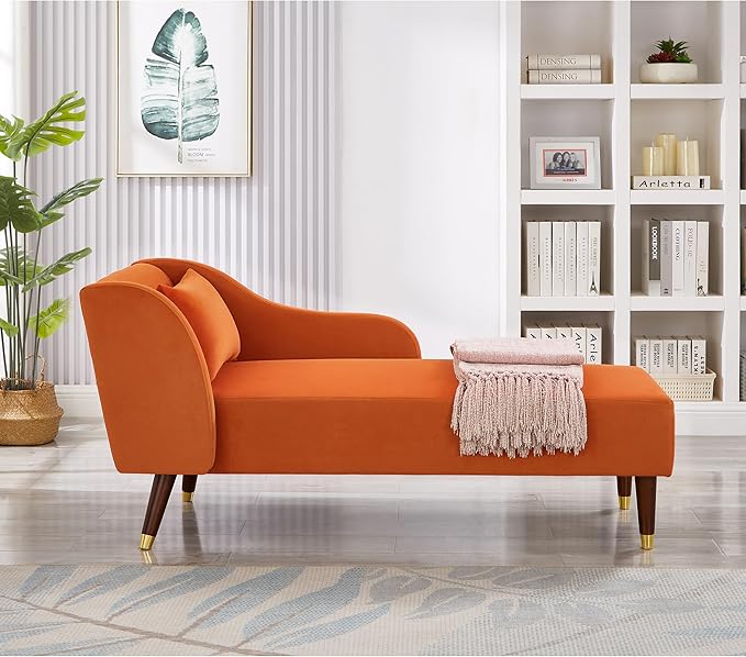 58 Modern Velvet Sofa Chaise with Tilted Backrest Comfortable Luxurious Lounge Chair with Curved Armrests Stylish Sofa Couch with Solid Wood Legs for Apartment Bedroom Living Room Orange