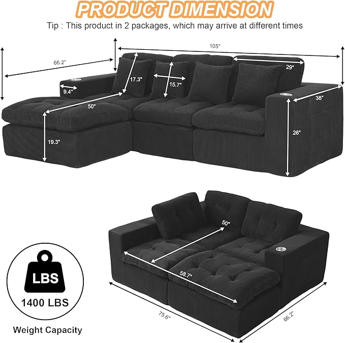 105 L Shaped Modular Sectional Sofa with OttomanCloud Boneless Couches for Living RoomCorduroy Comfy Couch with Chaise and Cup Holder Upholstered Sofa in A Box No AssemblyBlack