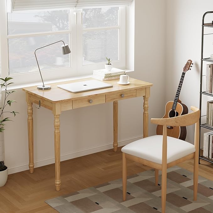 Solid Wood Desk with Drawers - 40 Inch Writing Desk with Drawers Mid Century Modern Desk with 2 Hooks Rubber Wood Study Table for Bedroom Living Room &amp Office Natural Boho Desks