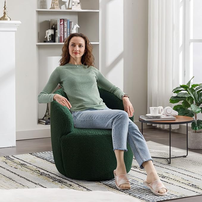 KIVENJAJA Swivel Barrel Chair Teddy Sherpa Upholstered Modern Round Accent Arm Chairs Boucle 360 Degree Swivel Small Single Sofa Armchair for Nursery Living Room Bedroom (Teddy Green)