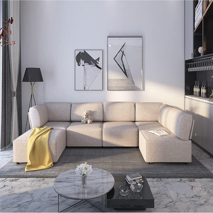 Mjkone 120'' Modular Sectional Sofa Couch U-Shaped Convertible Sofas with 2 Reversible Ottomans 6 Seat Modern Linen Fabric Sofa Couches with High Resilience Cushions for Living Room Home Beige