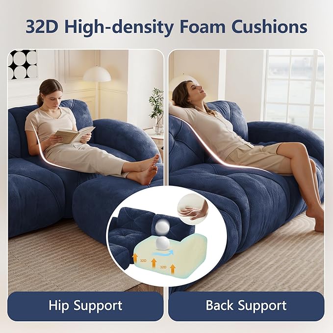 Boneless Couch Sectional Couches for Living Room 80.3'' Cloud U Shape Couch with Deep Seat Comfy Soft Velvet Modular Sectional Sofa with Ottomans Modern 2-Seater Boneless Sleeper Sofa Blue