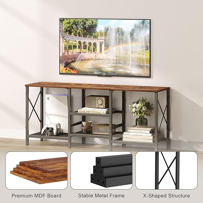 TV Stand for 55 Inch TV Entertainment Center with 3-Tier Open Shelves TV Console Table for Living Room Bedroom Rustic Brown