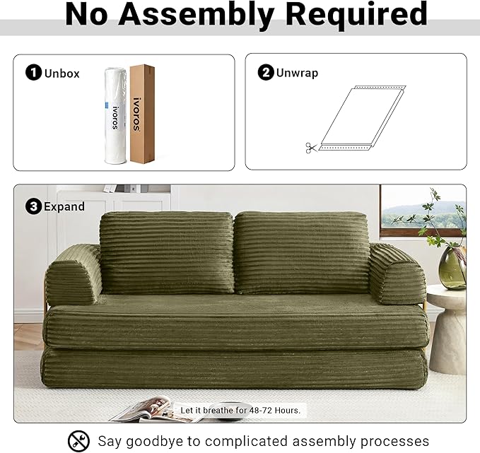 80 Convertible Sofa Bed Modern Corduroy Sleeper Sofa Folding Floor Couch with Golden Fixed-Shape Frame Green Boneless Loveseat Sofas Bed for Living Room Bedroom No Assembly Needed