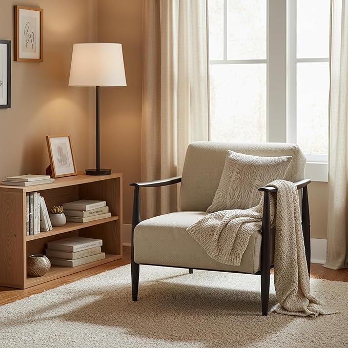 Homy Casa Mid-Century Modern Accent Chair with Fabric Upholstery Solid Wood Armrests and Sturdy Metal Frame Comfy Lounge Chair for Living Room Bedroom Reading Corner or Office – Beige/Walnut