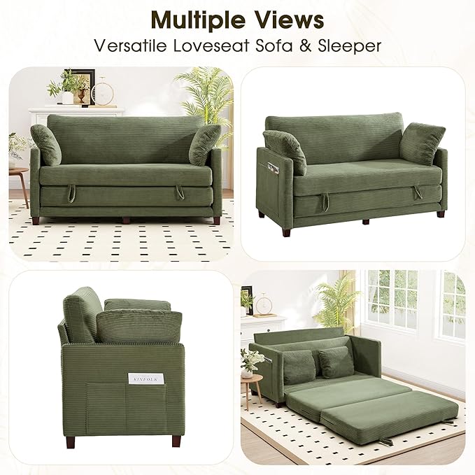 65 Convertible Loveseat Sofa Bed 2-in-1 Folding Sofa Bed with 2 Pillow for Small Spaces Modern Loveseat Sleeper Couch for Apartment Living Room &amp Guest Room (Green Corduroy 65 inch)