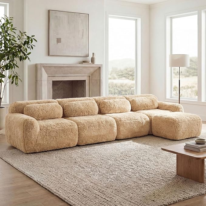 149 Modern Modular Boneless Sectional Couches for Living Room 4 Seater Deep Seat Compressed Sofa No Assembly Required Plush Fabric Fabric Cloud Comfy Sofa Set with 1 Ottoman L Shaped Camel