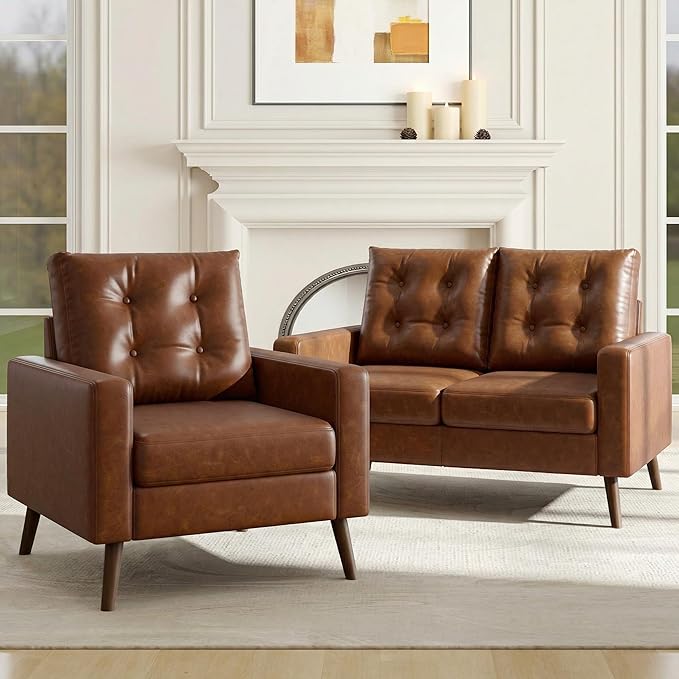 Wahson Accent Chairs Set of 2 Faux Leather Tufted Single Sofa Brown Oversized Club Chair Mid Century Modern Armchair with Wood Legs for Reading/Living Room/Bedroom