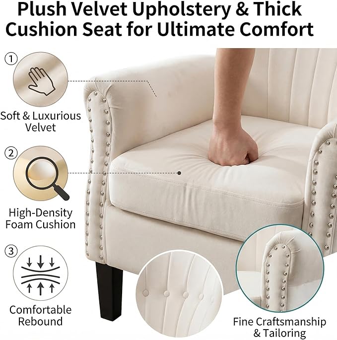 Modern Accent Chair for Living Room Comfy Upholstered Armchair for Bedroom &amp Small Spaces Mid Century Lounge Reading Chair for Office(White)
