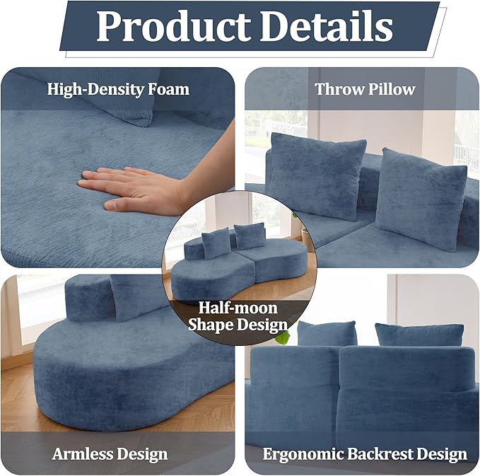 94.5'' Curved Modular Sectional Long Sofa Modern Cloud Boneless Deep Seat Couch in a Box Plush Chenille Compressed Upholstered Lounge Sofa for Living Room No Assembly Required Blue 2 Pillows